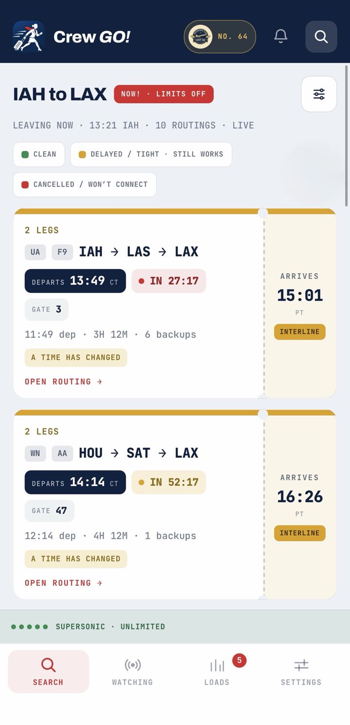 Search results with two routings, departure times, countdowns, gates and backups